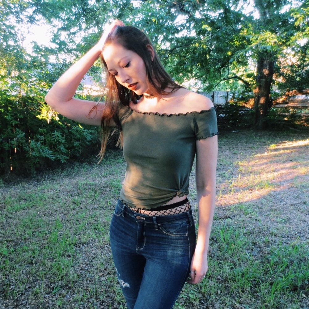 Hollister Olive Green Off-Shoulder Crop Top